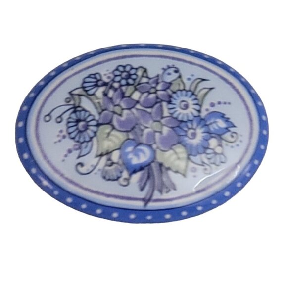 Michaela Frey Blue Enamel Flower Oval Brooch Pin, Signed M504 - Picture 2 of 8